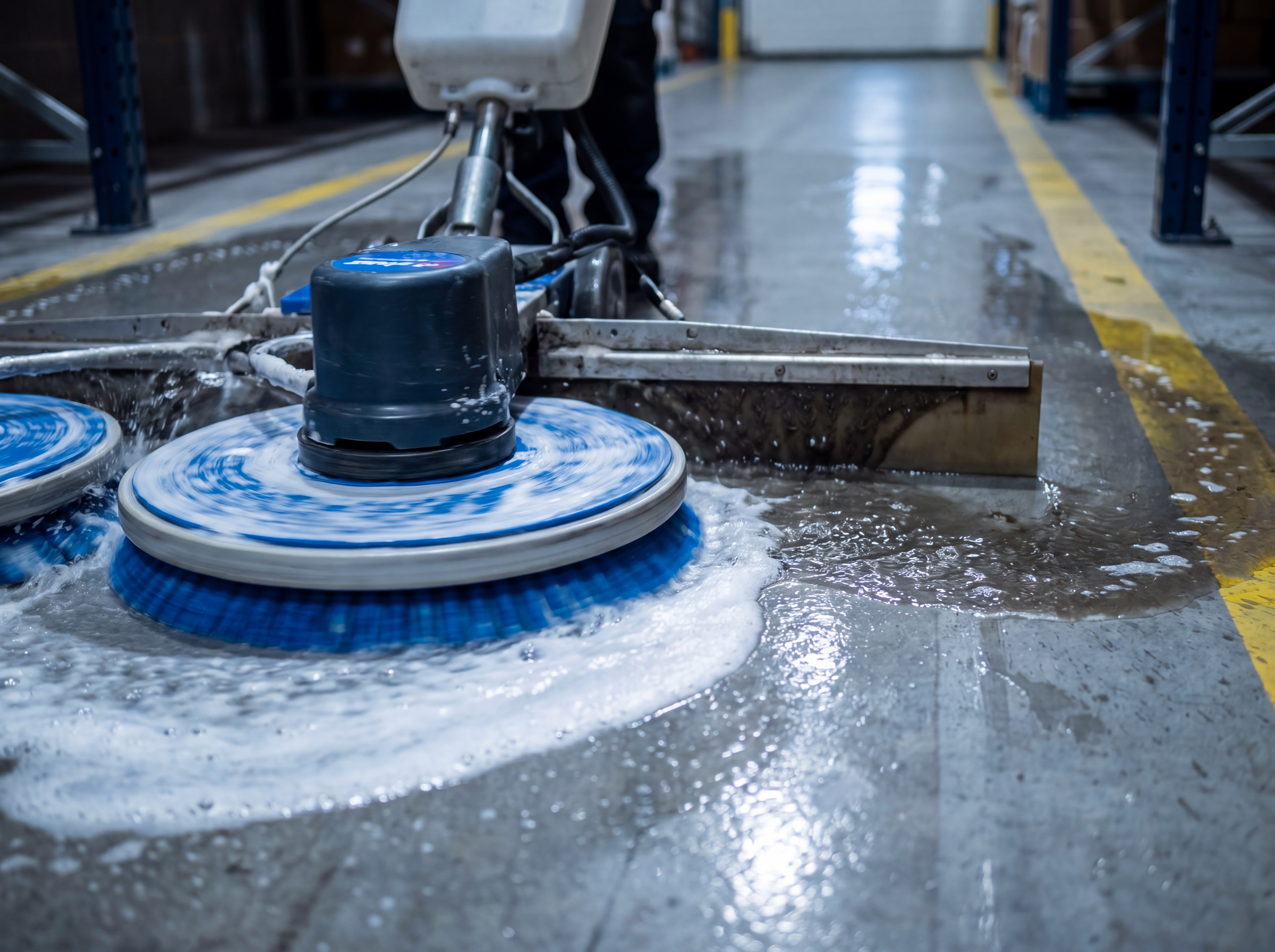 Close-up of industrial floor scrubber brushes in action on a polished warehouse floor