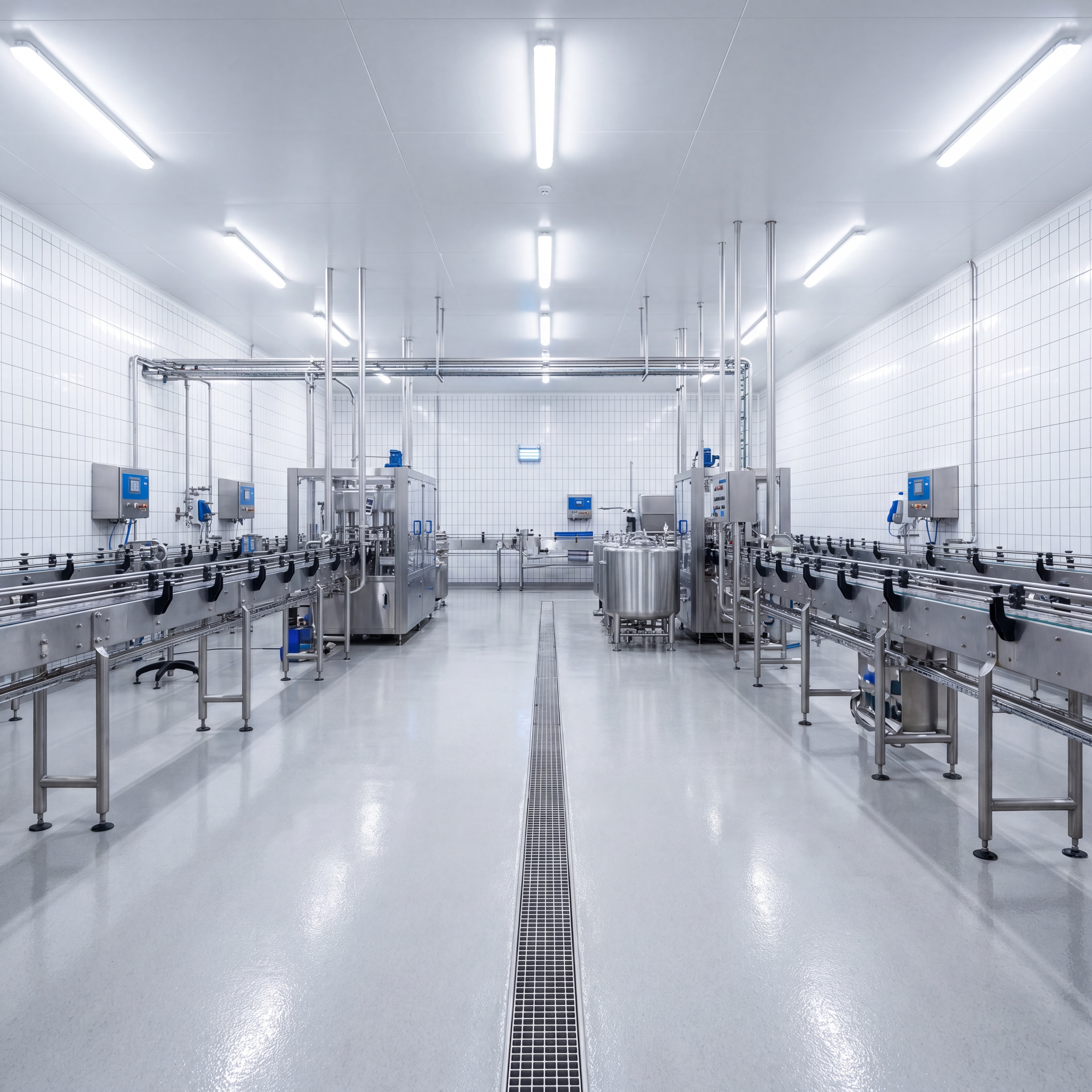 Spotless food-grade production facility with stainless steel equipment