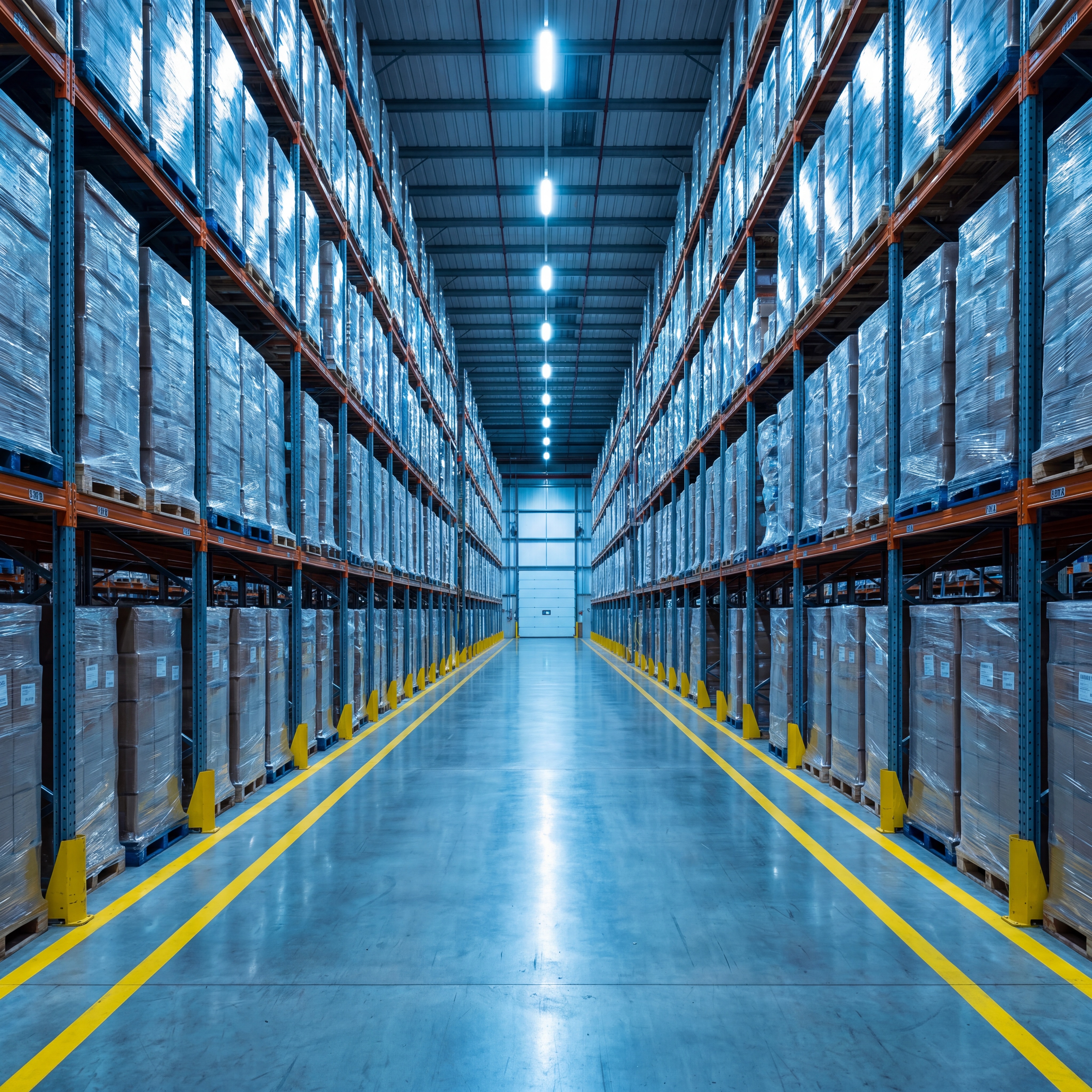 Large modern Dublin distribution warehouse aisle with tall racking