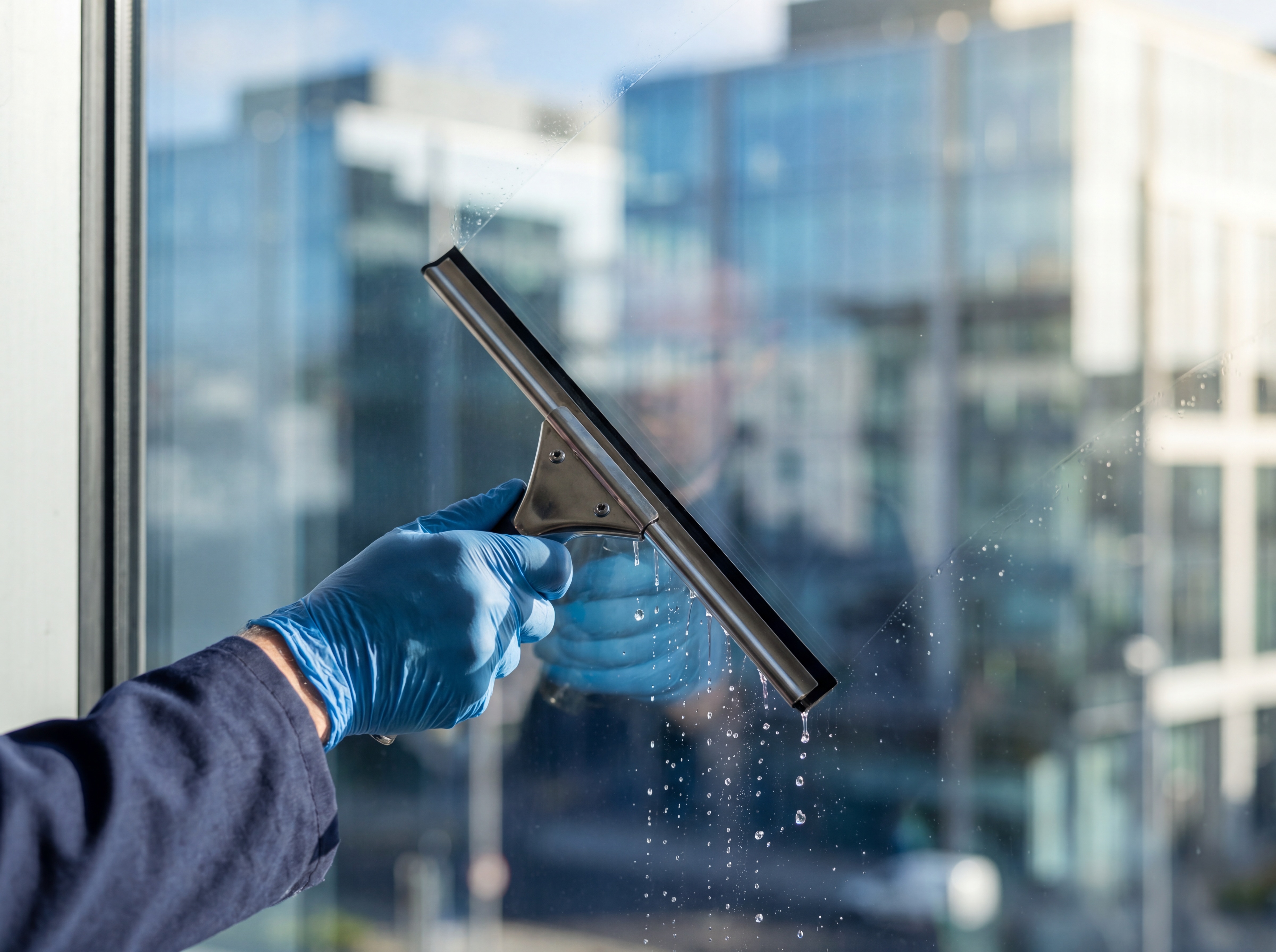 Close-up of a gloved hand squeegeeing streak-free commercial glass with Dublin skyline reflected in the pane