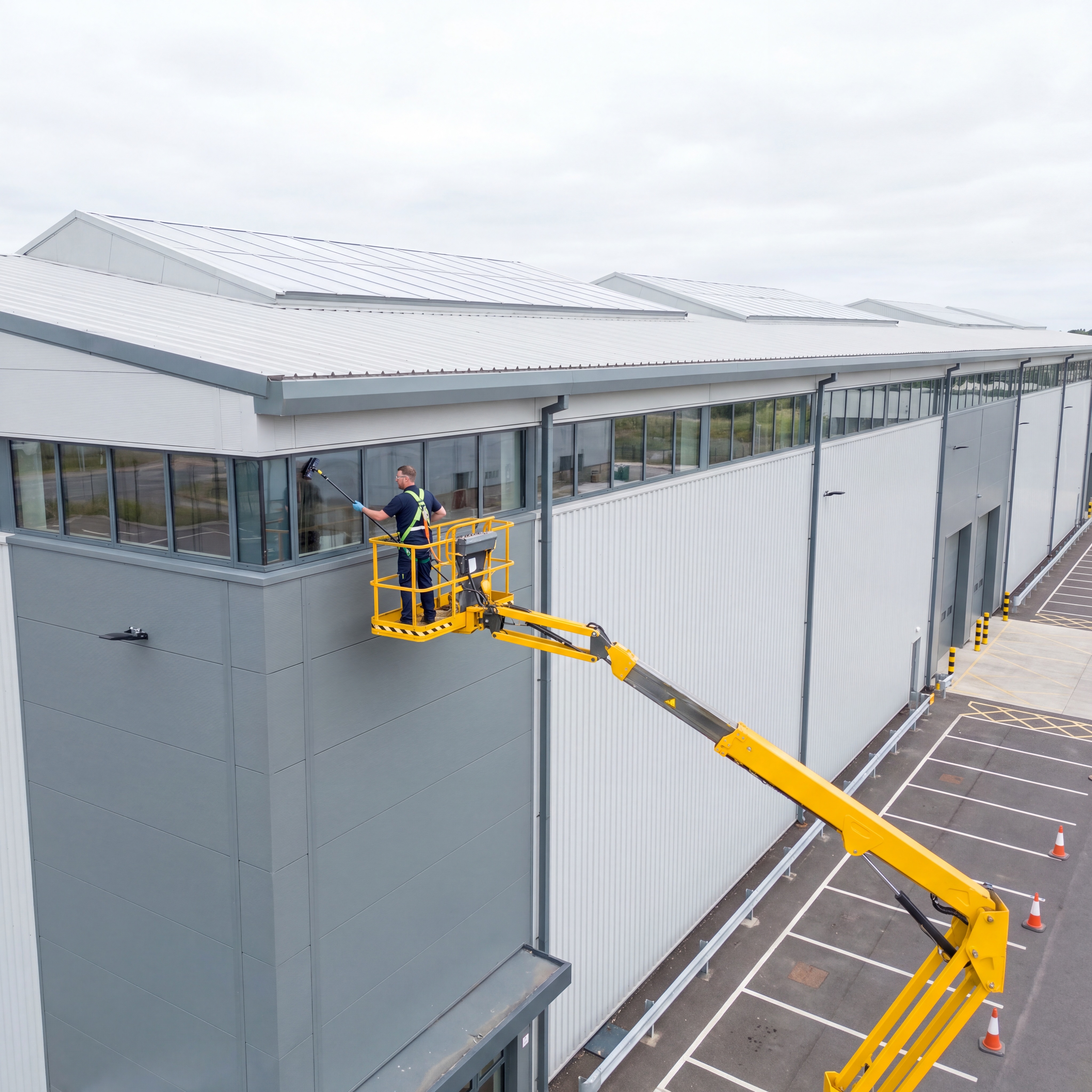 Industrial warehouse with high-level glazing being cleaned from a cherry-picker platform