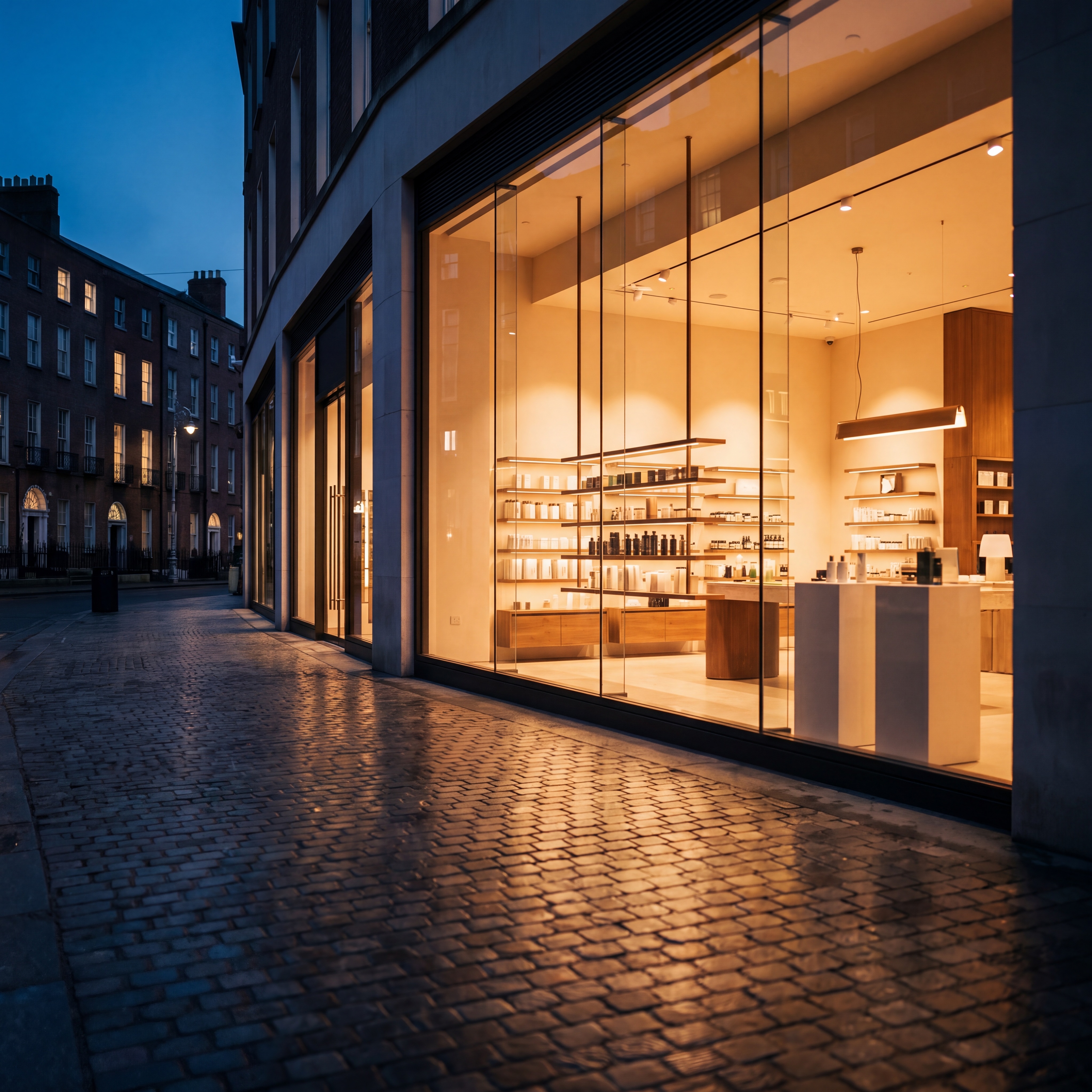 Upscale Dublin high-street shopfront with immaculate display windows at dusk